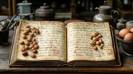 Wall Mural - An open recipe book with handwritten notes and nuts on the pages.