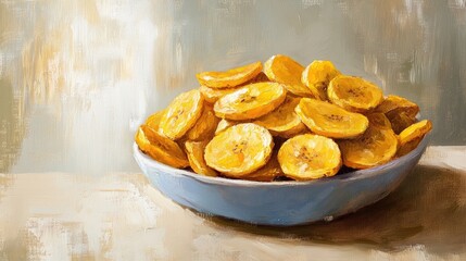 Oil painting of sweet plantain chips served in a ceramic bowl on a table showcasing the delicious snack