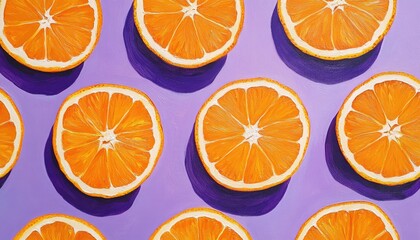 Wall Mural - Vibrant oil painting showcasing a pattern of orange slices on a purple backdrop captured from a top view perspective