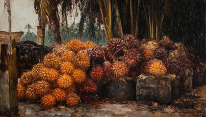 Oil painting depicting freshly harvested oil palm fruit bunches at a collection point prior to processing into cooking oil