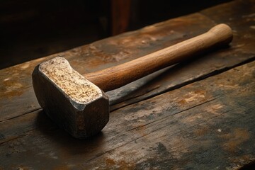 Sticker - Weathered Hammer on Rustic Wooden Surface