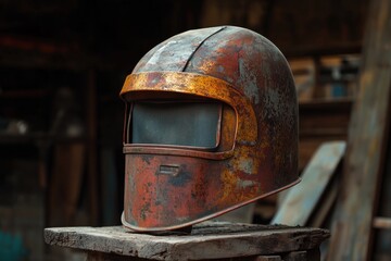 Poster - Rusty Welder's Helmet Resting on a Wooden Plank