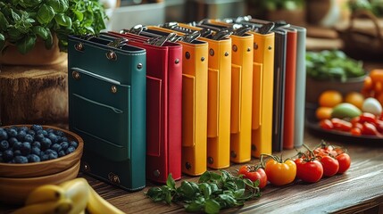 Wall Mural - Colorful recipe binders arranged with fresh ingredients on a table.