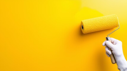 A person is painting a wall with a yellow paint roller