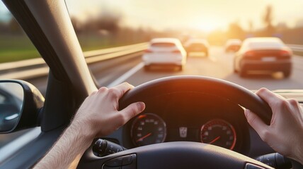 Poster - A person is driving a car with a view of the road and other cars