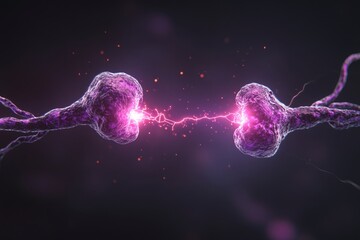 Detailed 3D illustration of two synapses connecting with energy in a neural network. Perfect for science education, medical graphics, or futuristic technology banners with ample space for text.