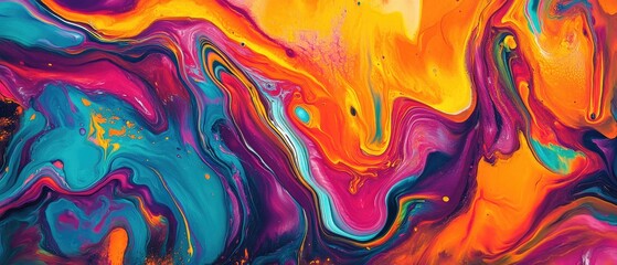 Vibrant and dynamic abstract composition featuring fluid acrylic painting with neon hues and a textured liquid art style