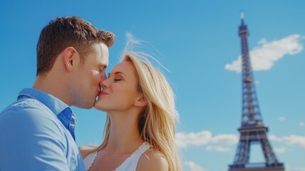 Poster - A couple kissing in front of the Eiffel Tower