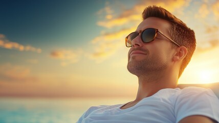 Canvas Print - A man wearing sunglasses is sitting on a chair by the water