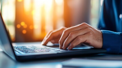 Poster - A man is typing on a laptop computer