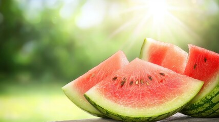 A close up of a watermelon with four slices