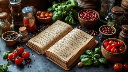 Wall Mural - A rustic cookbook surrounded by fresh ingredients and spices.