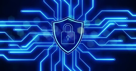 Fototapete - Cybersecurity, digital lock and motherboard for safety coding, programming or hardware processing. CPU, information technology and data cloud computing server for semiconductor blockchain encryption.