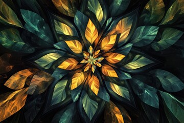 Poster - Stunning modern high resolution abstract fractal background featuring an intricate floral design with crystal like geometric leaves in shades of dark yellow green and brown