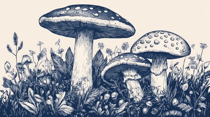 original illustration of mushrooms and toadstools created in a vintage engraved woodcut etching styl