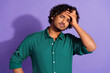 © deagreez - Photo of young minded upset indian worker unemployed cant find new vacancy dissatisfied touch forehead isolated on violet color background