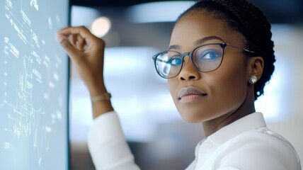 Sticker - A woman wearing glasses is drawing on a large screen