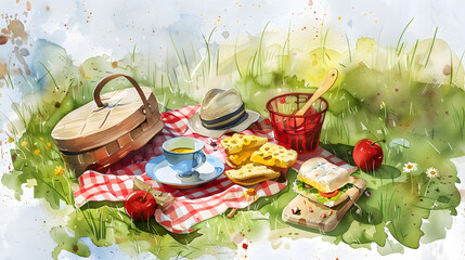 Wall Mural - picnic elements Watercolor painting style