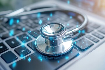 A stethoscope rests on a keyboard, symbolizing the connection between technology and healthcare in modern medicine.