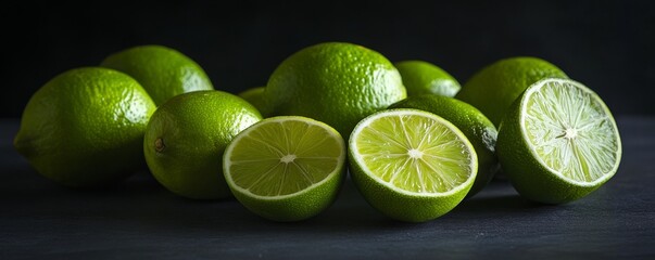 Fresh green limes on a dark background