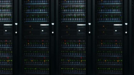 Leinwandbilder - Empty server room, information technology and light with connection, hardware and digital infrastructure. Big data center, interior and cybersecurity for storage, futuristic system and machine