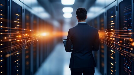 Poster - A man in a suit is standing in a large room with many computer servers