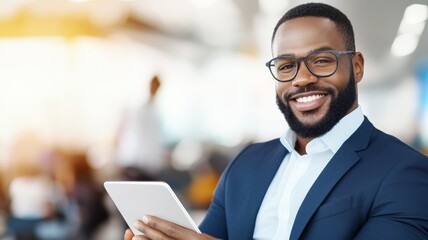 Canvas Print - A man wearing a suit and glasses is smiling and holding a tablet