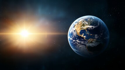 Canvas Print - A large planet is in the center of the image, with a bright sun shining on it