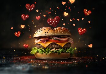 A delicious burger in the shape of a heart, flying hearts all around it, dark background