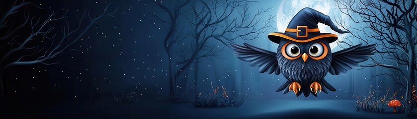 Owl in a witch s hat flying over a moonlit forest, Owl witch costume, mystical bird magic