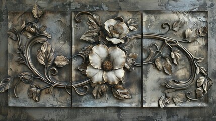 Wall Mural - Three-Panel Metal Sculpture of Flowers and Vines