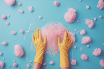 Female hand in yellow rubber gloves washing pink foam on blue background.