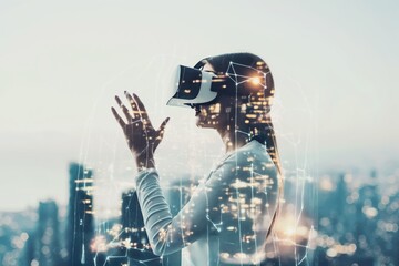 Double exposure of young woman with virtual reality headset over cityscape background