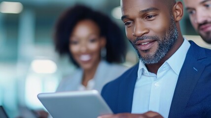 A man in a suit is looking at a tablet