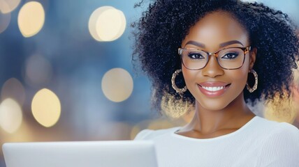 Sticker - A woman with curly hair is smiling and wearing glasses