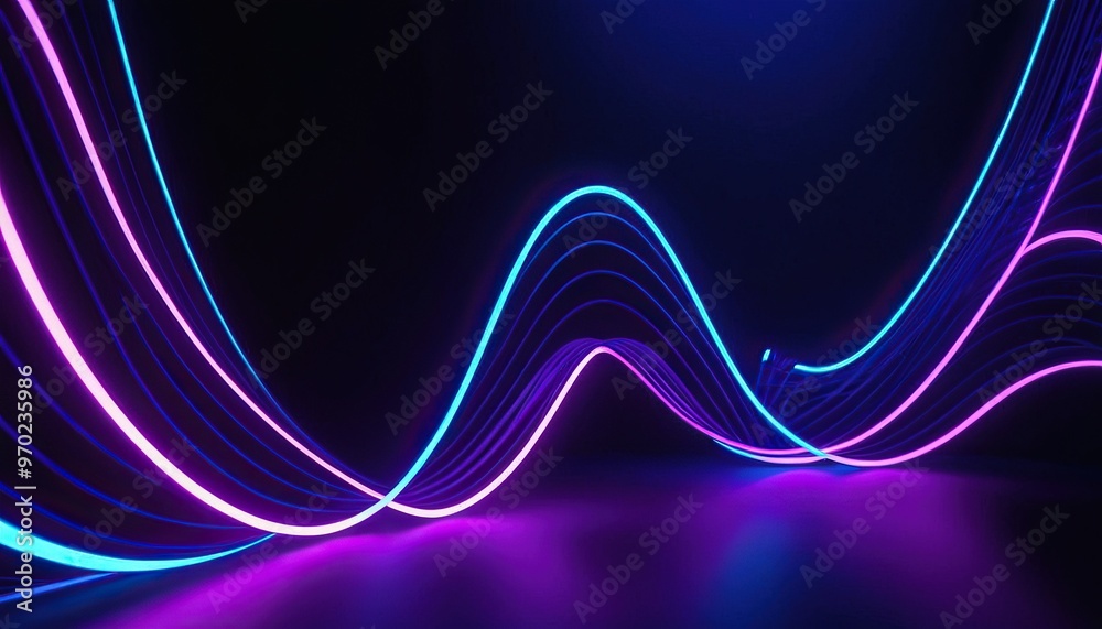 Dark abstract background with glowing wave. Blue purple wave line light ...