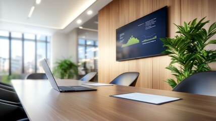 Poster - A large monitor is on a wall in a room with a laptop on a table