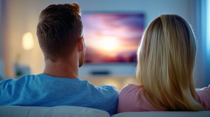 Poster - A man and woman are sitting on a couch watching television