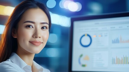 Wall Mural - A woman is smiling at the camera while looking at a computer monitor