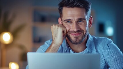 Sticker - A man is sitting in front of a laptop with a smile on his face