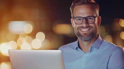 Wall Mural - A man with glasses is smiling and holding a laptop