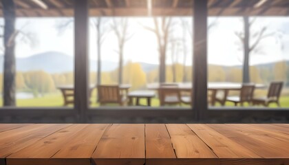 Minimal Scandinavian contemporary empty wooden table with sunlight. Simplistic , garden, green view. window.