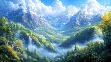 A breathtaking mountain landscape with lush trees and a serene valley, capturing the natural beauty of the scenery.