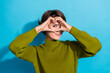 © deagreez - Photo of lovely pretty cute girl wear stylish khaki clothes showing heart hands touch face isolated on cyan color background