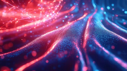 Wall Mural - Vibrant abstract background featuring flowing waves and luminous particles in red and blue tones, evoking energy and movement.