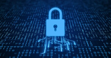 Fototapete - Cybersecurity, digital lock and motherboard for data protection with coding, programming or processing. CPU, information technology and cloud computing server for hardware blockchain encryption.