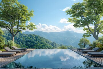 Modern outdoor pool with wooden deck, infinity edge, sun loungers, and scenic view of Chiang Mai's green mountains and blue sky.