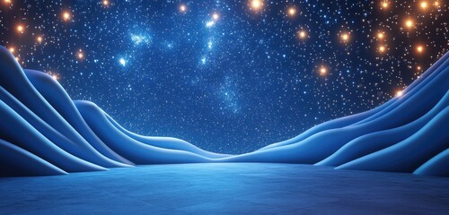 Abstract blue landscape with a starry sky.