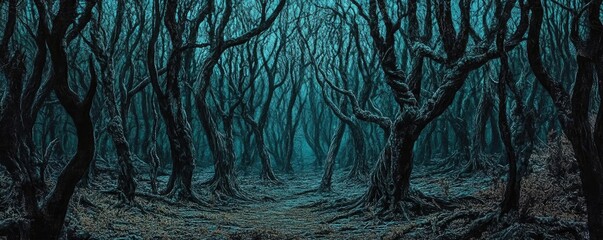 Poster - Mysterious forest with dark, twisted trees creates an eerie and enchanting atmosphere, perfect for fantasy and horror themes.