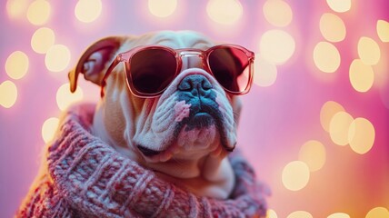 Bulldog wearing sunglasses and sweater with bokeh lights, fashion concept